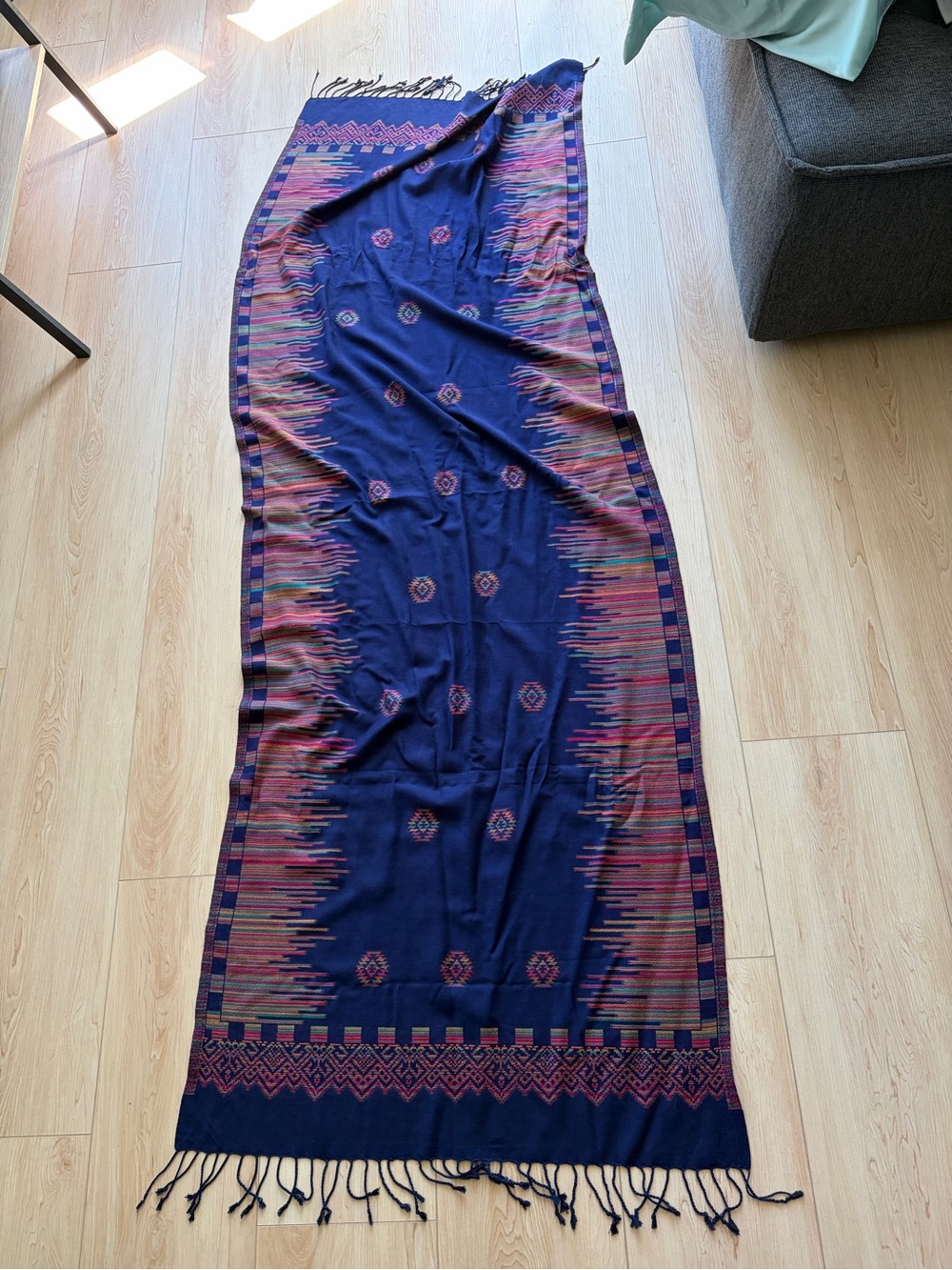 Navy Geometric Patterned Fringe Scarf Wrap